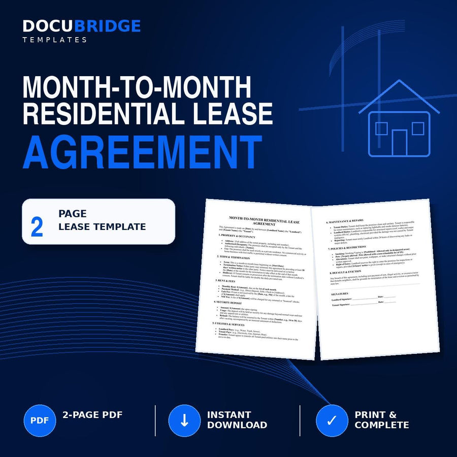 Month-to-Month Rental Agreement | Residential Lease & Landlord Tenant Contract Template | Word and PDF