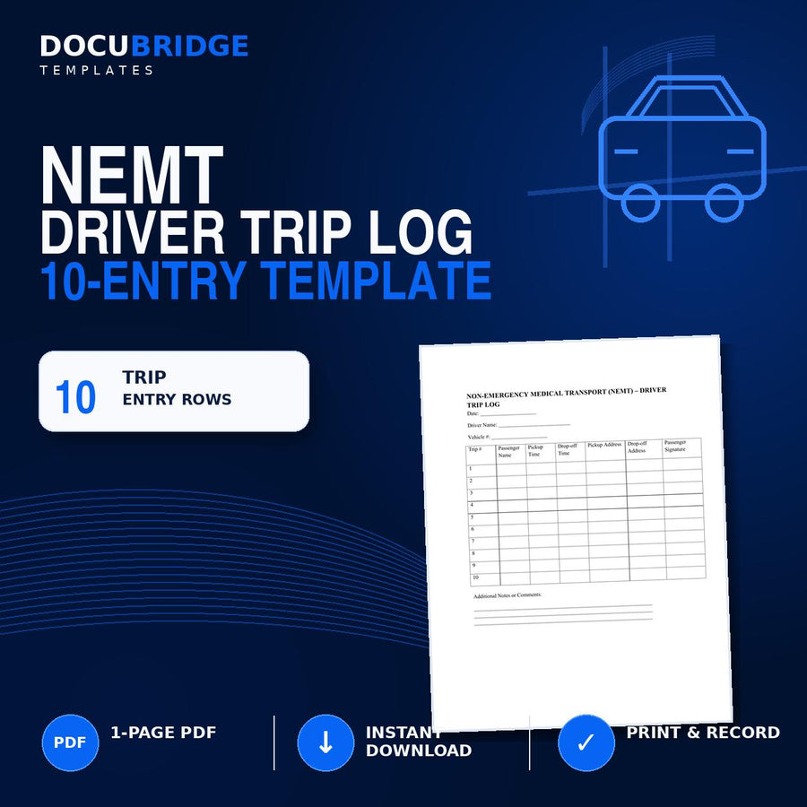 NEMT Driver Trip Log | Medical Transportation Trip Sheet | Passenger Pickup & Drop-Off Log Template
