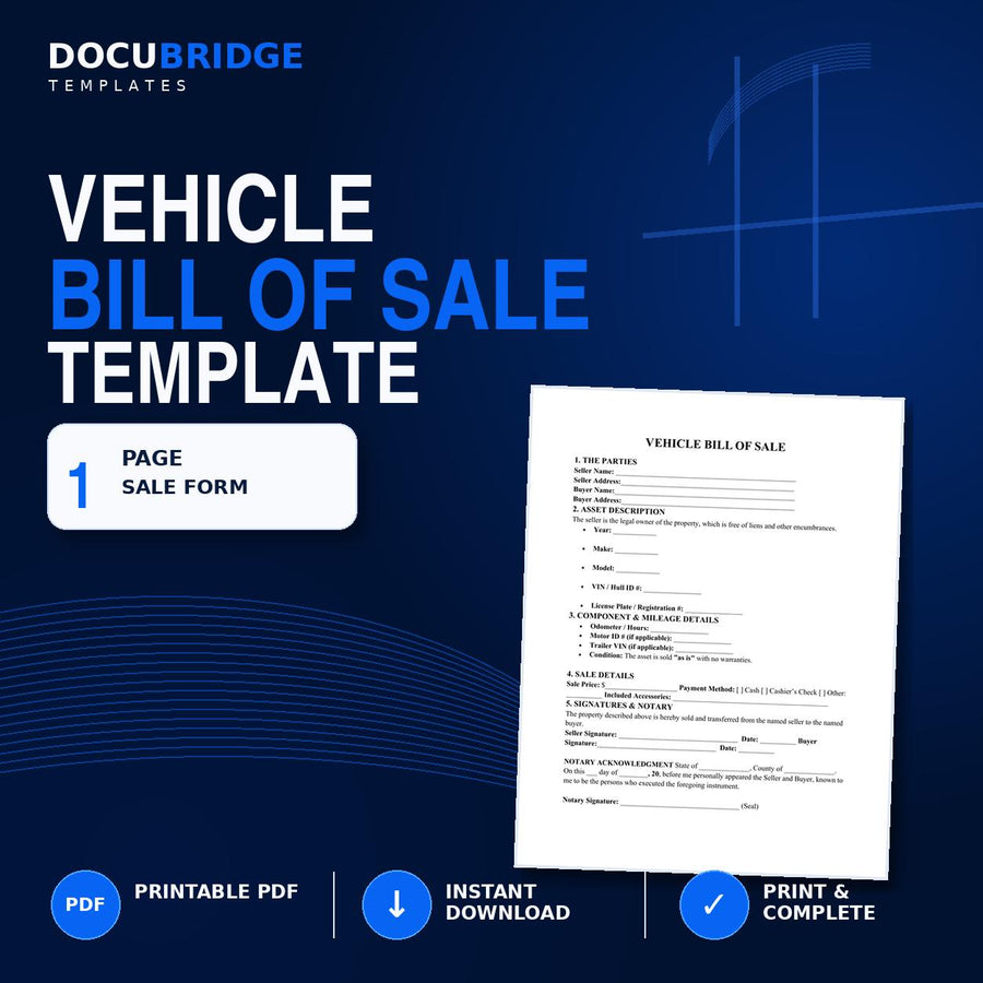 Vehicle Bill of Sale Template – Car, Truck & SUV Sale Agreement with Odometer, VIN , Notary | PDF