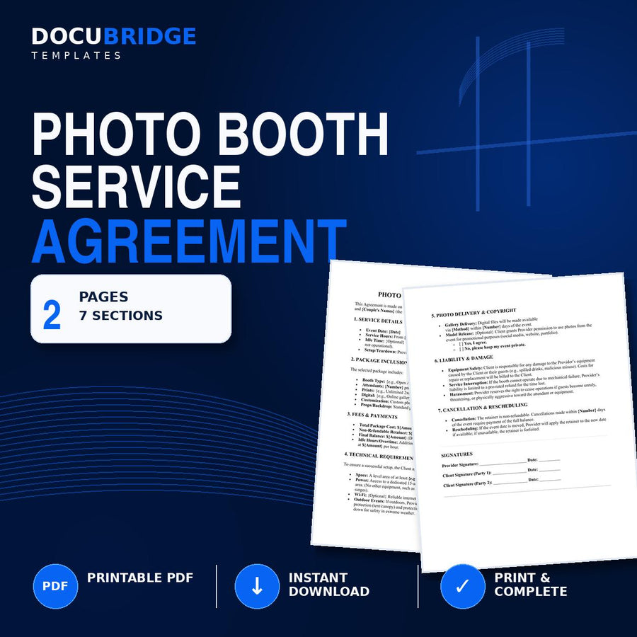 Photo Booth Service Agreement Template – 360 Booth, Event Rental Contract, Payment & Liability Form | PDF and Word