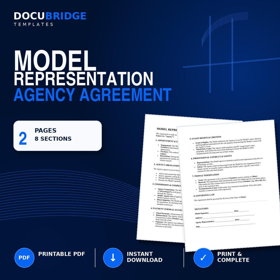 Model Agency Agreement Template – Modeling Representation Contract, Commission, Usage Rights & Exclusivity | PDF and Word