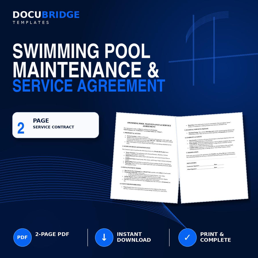 Swimming Pool Maintenance Agreement Template | Pool Service Contract | Cleaning, Chemicals, Repairs & Seasonal Service | PDF and Word