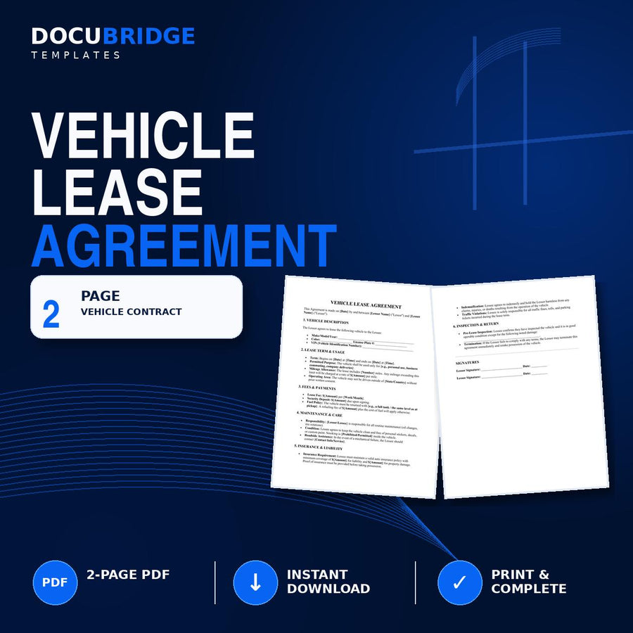 Vehicle Lease Agreement Template | Car Rental Contract | Auto Lease, Mileage, Insurance & Security Deposit Agreement | PDF and Word
