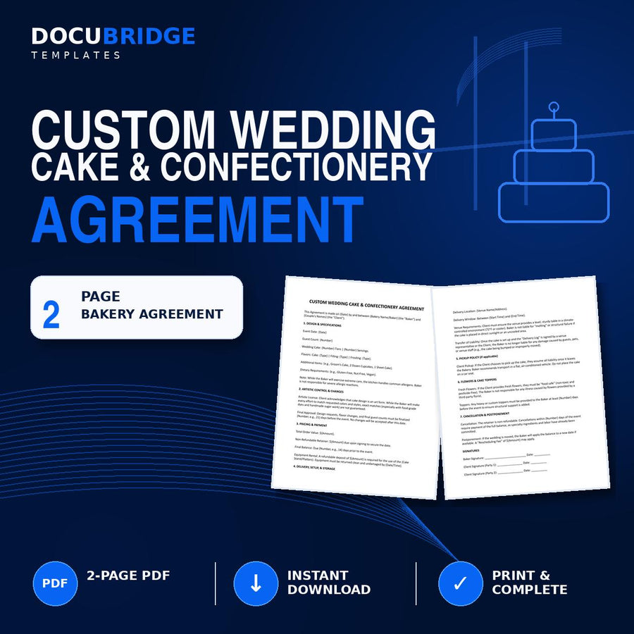 Wedding Cake Contract Template | Bakery Client Agreement & Cake Order Form | Baker Business Template
