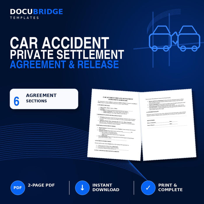 Car Accident Private Settlement Agreement | Vehicle Damage Release (Instant Download)