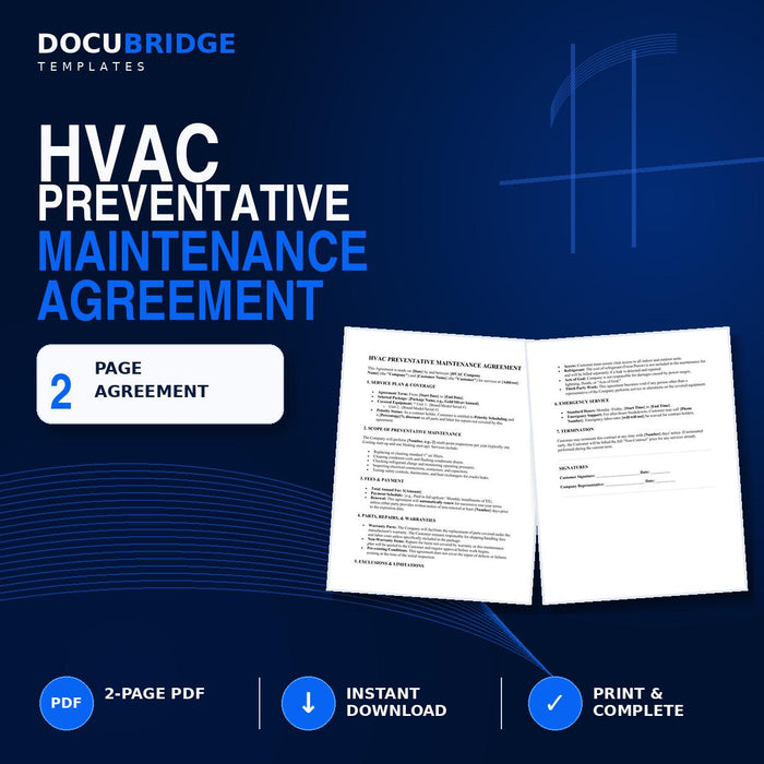 HVAC Preventative Maintenance Agreement Template – Heating & Cooling Service Contract for HVAC Contractors
