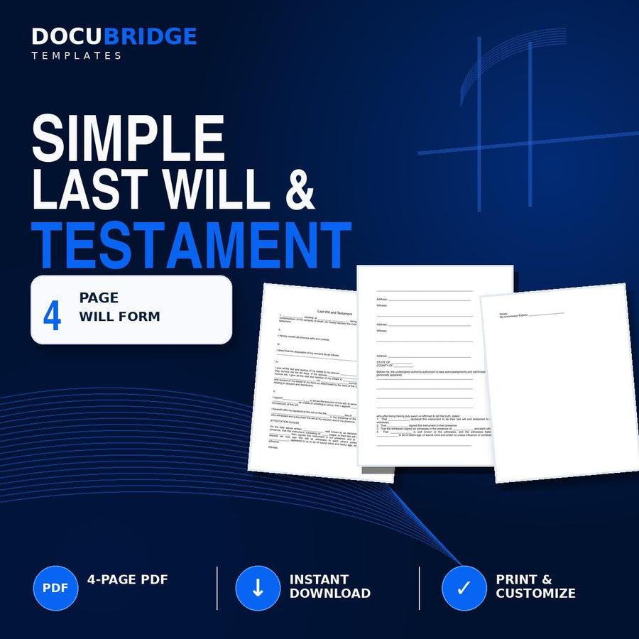 Simple Last Will and Testament Template – Editable Will & Estate Planning Form PDF and Word