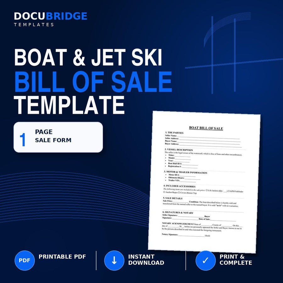 Boat Bill of Sale Template – Jet Ski & Watercraft Sale Agreement with Motor, Trailer | PDF