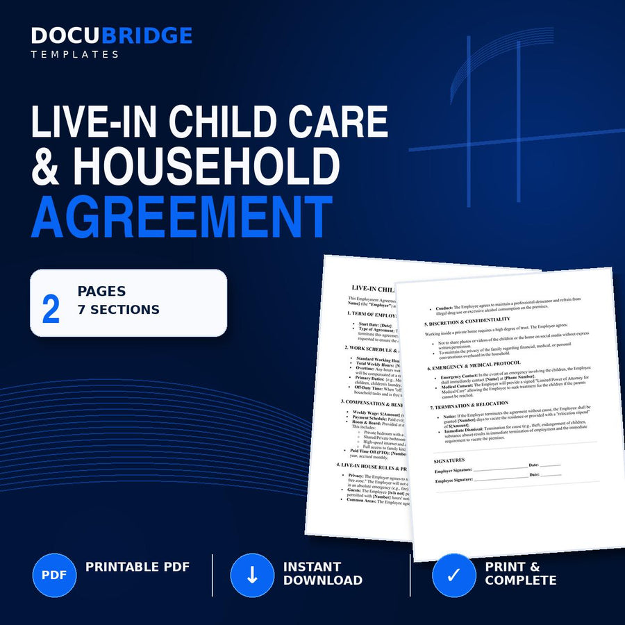 Live-In Nanny Agreement Template – Child Care Employment Contract, Household Rules, Pay & Room and Board | PDF and Word