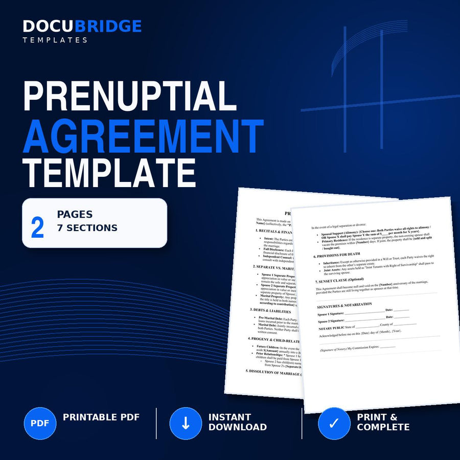 Prenuptial Agreement Template – Premarital Contract for Separate Property, Assets, Debts & Financial Planning | PDF and Word