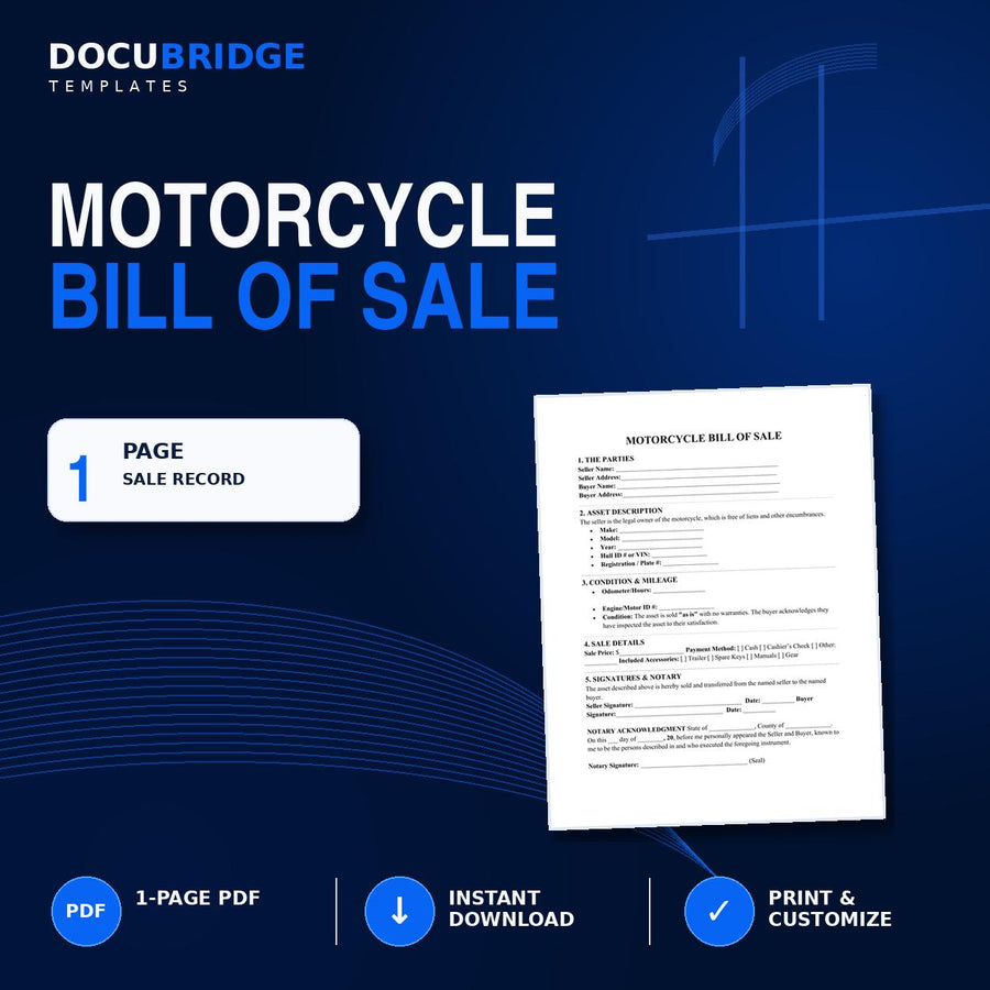 Motorcycle Bill of Sale Template – Bike Sale Agreement, VIN, Odometer, As-Is & Notary Form | PDF and Word