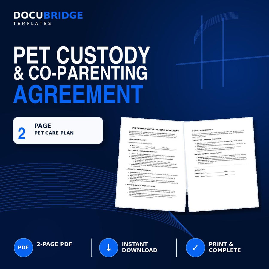 Pet Custody Agreement Template – Pet Co-Parenting, Visitation Schedule, Shared Expenses & Veterinary Care | PDF and Word