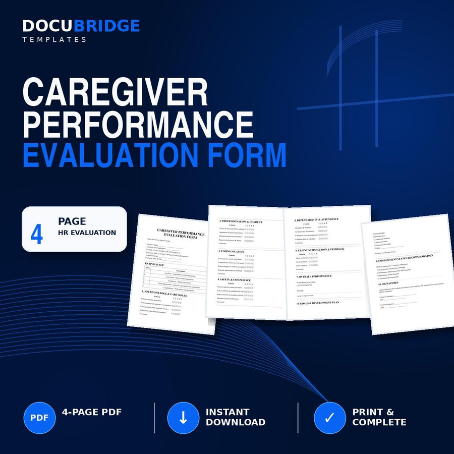 Caregiver Performance Evaluation Form | Home Care Employee Review | 30 90 Day Annual Evaluation & PIP Assessment