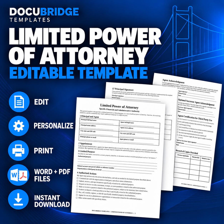 Limited Power of Attorney Template | Specific Financial & Administrative POA | Agent Authorization and Transaction Authority | PDF , Word
