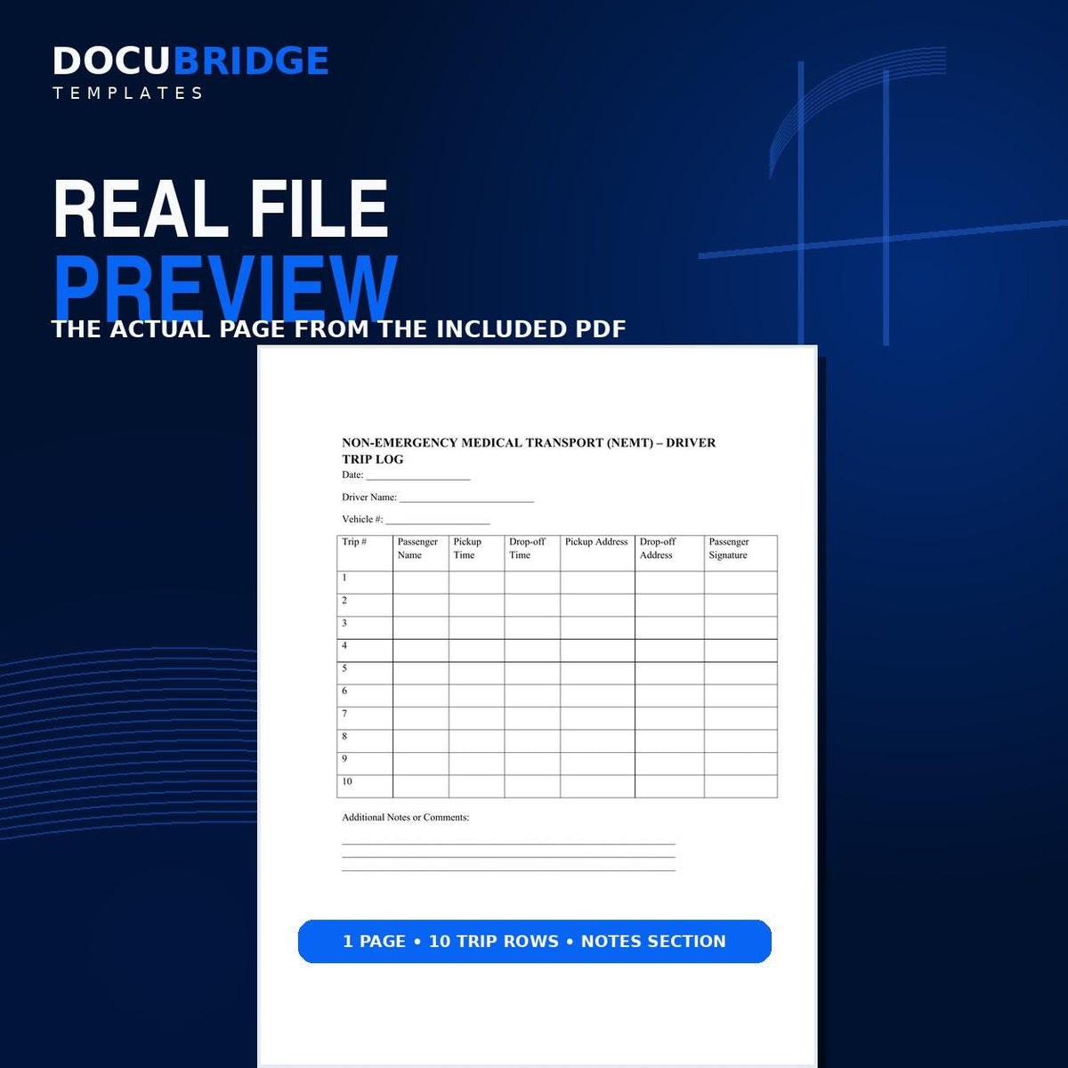 NEMT Driver Trip Log | Medical Transportation Trip Sheet | Passenger Pickup & Drop-Off Log Template