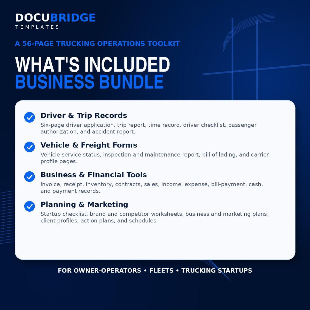 Trucking Company Business Forms Bundle | Driver Applications, Trip Logs, Policies, Checklists & Startup Templates