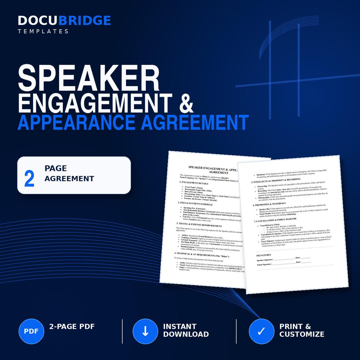 Speaker Engagement Agreement Template – Keynote Speaker Contract, Appearance Fee, Travel & Event Rider | PDF and Word