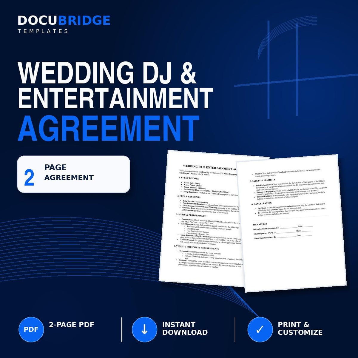 Wedding DJ Contract Template – DJ Service Agreement, Music, Overtime, Equipment & Event Entertainment | PDF and Word