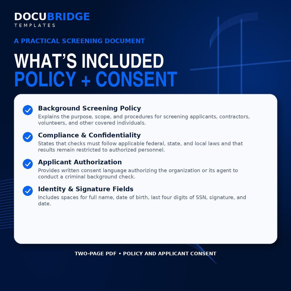 Criminal Background Check Policy & Consent Form – Employee Screening Authorization, HR Hiring , Volunteer Form | PDF and Word