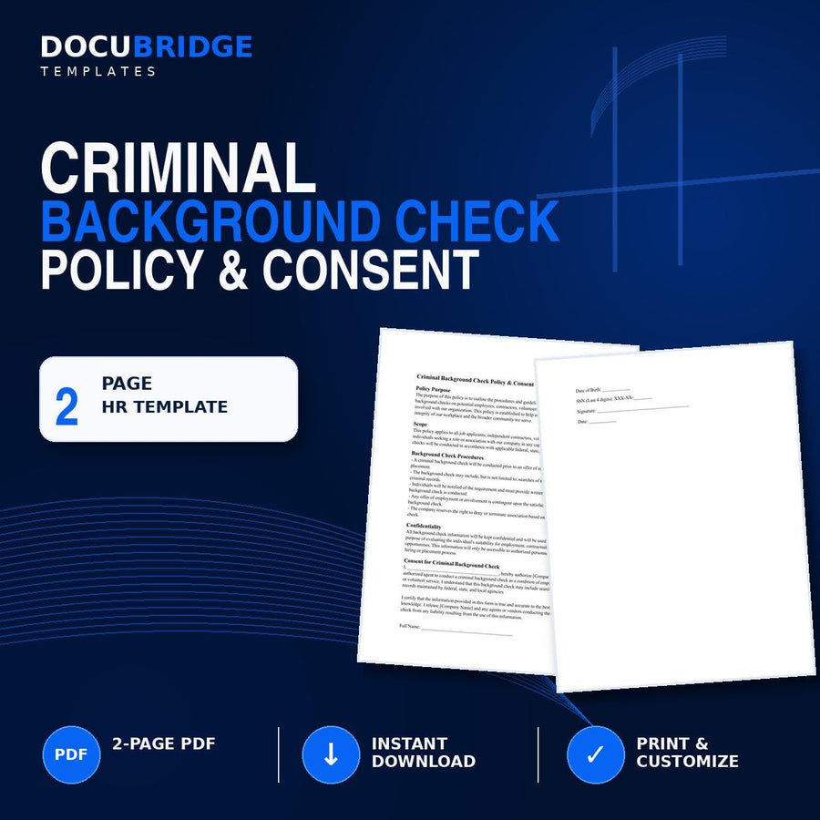 Criminal Background Check Policy & Consent Form – Employee Screening Authorization, HR Hiring , Volunteer Form | PDF and Word