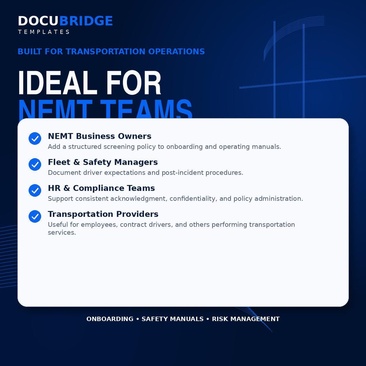 NEMT Drug Screening Policy Template – Driver Drug Testing Policy, Pre-Employment, Random & Post-Accident | PDF and Word