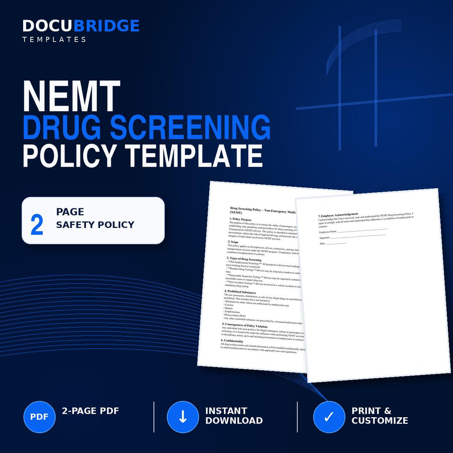 NEMT Drug Screening Policy Template – Driver Drug Testing Policy, Pre-Employment, Random & Post-Accident | PDF and Word