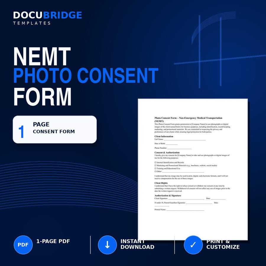 NEMT Photo Consent Form Template – Client Image Release, Marketing Authorization & Photography Permission | PDF and Word