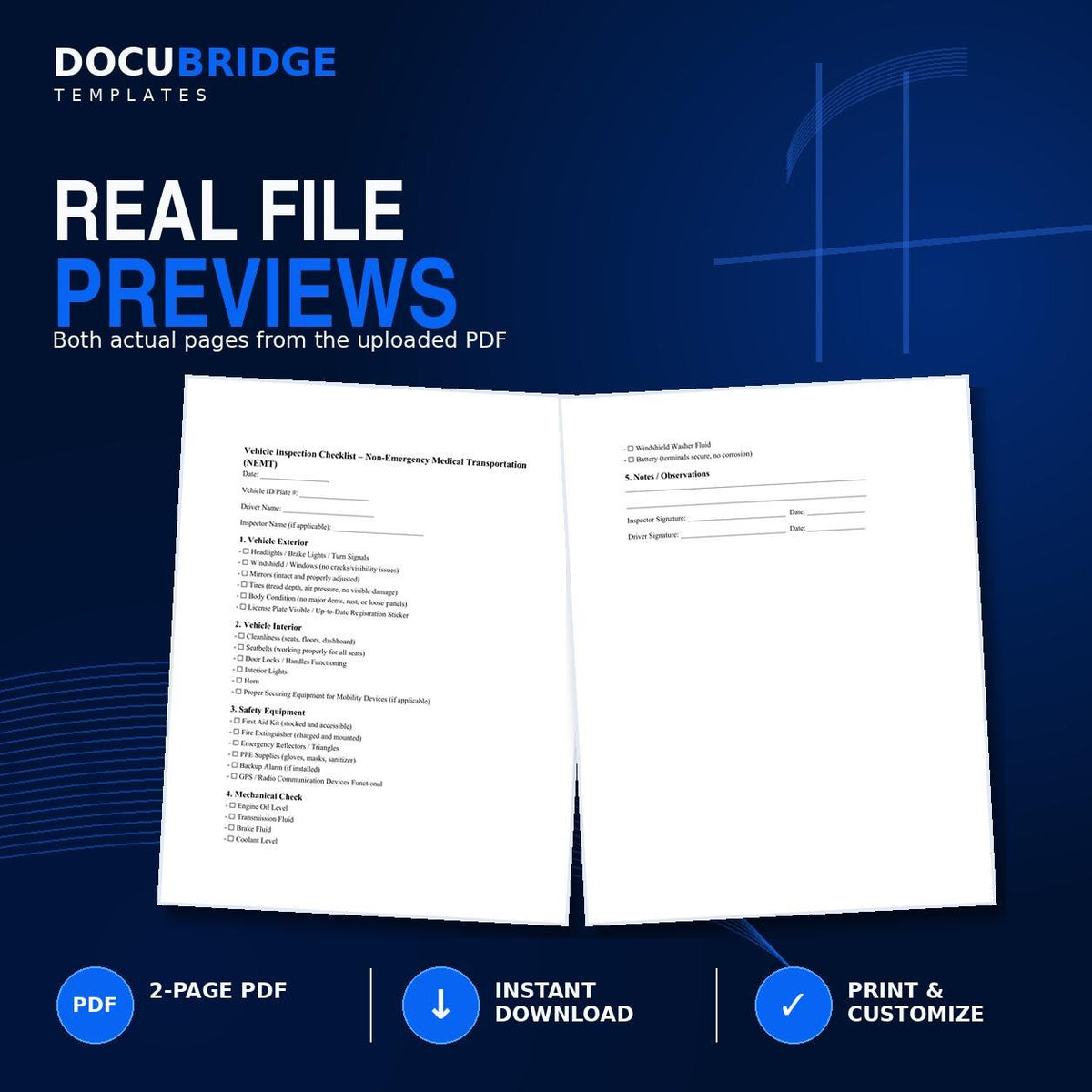 NEMT Vehicle Inspection Checklist – Daily Pre-Trip Safety Inspection, Driver & Fleet Maintenance Form | PDF and Word