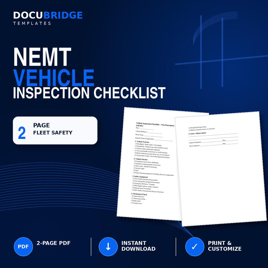 NEMT Vehicle Inspection Checklist – Daily Pre-Trip Safety Inspection, Driver & Fleet Maintenance Form | PDF and Word