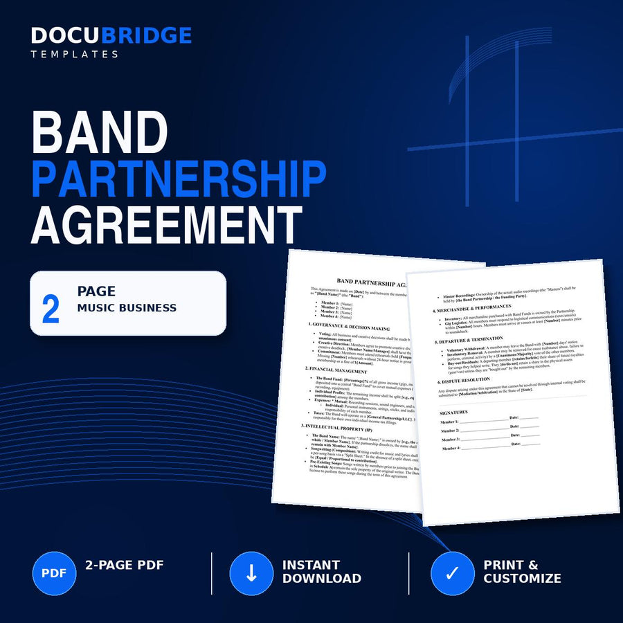 Band Partnership Agreement Template – Music Band Contract, Songwriting, Royalties, Band Fund & Member Agreement | PDF and Word