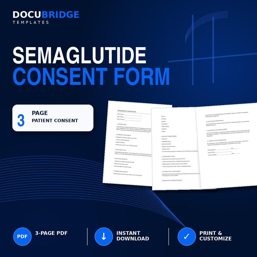 Semaglutide Consent Form Template – GLP-1 Weight Loss Injection, Patient Informed Consent & Medical Spa Form | PDF and Word