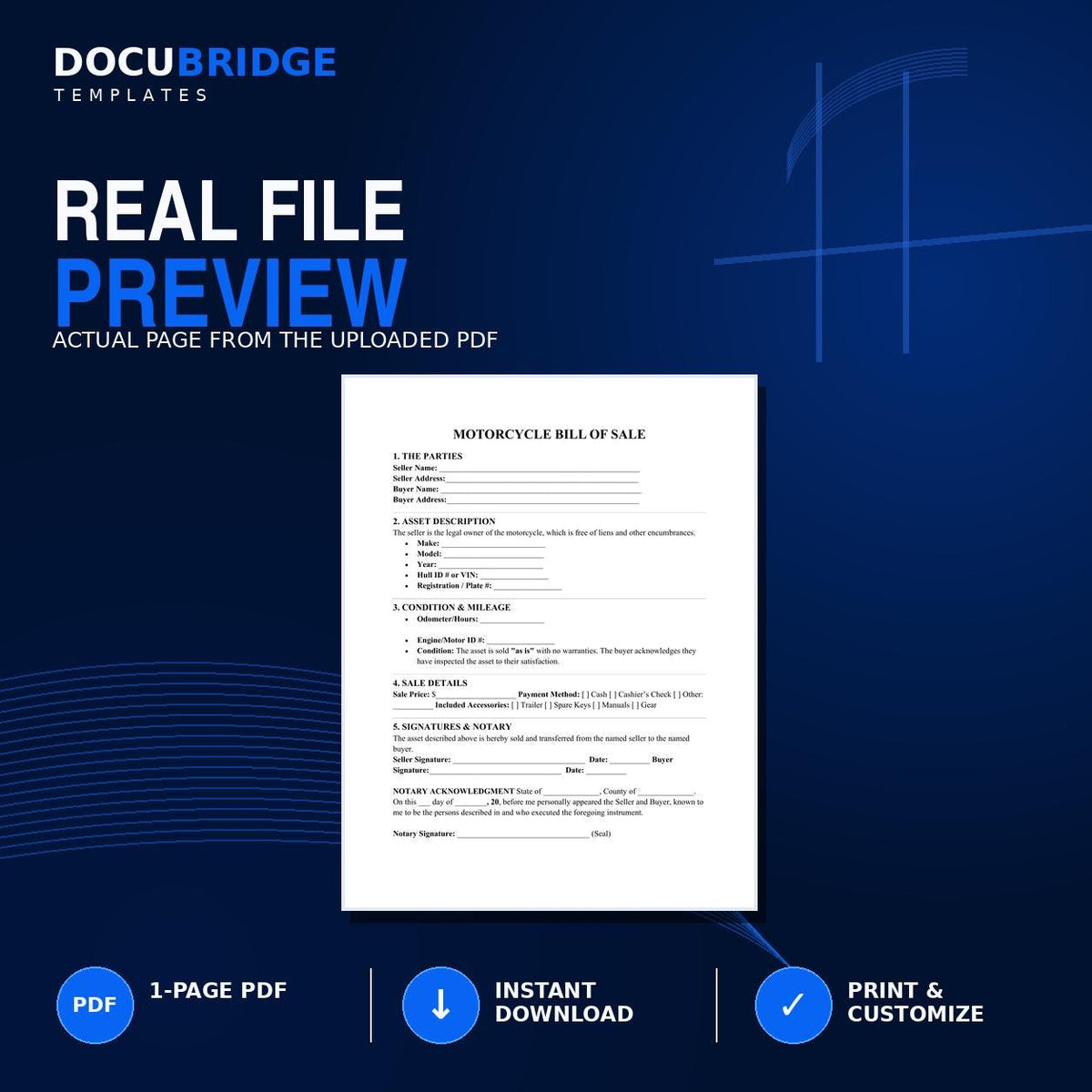 Motorcycle Bill of Sale Template – Bike Sale Agreement, VIN, Odometer, As-Is & Notary Form | PDF and Word