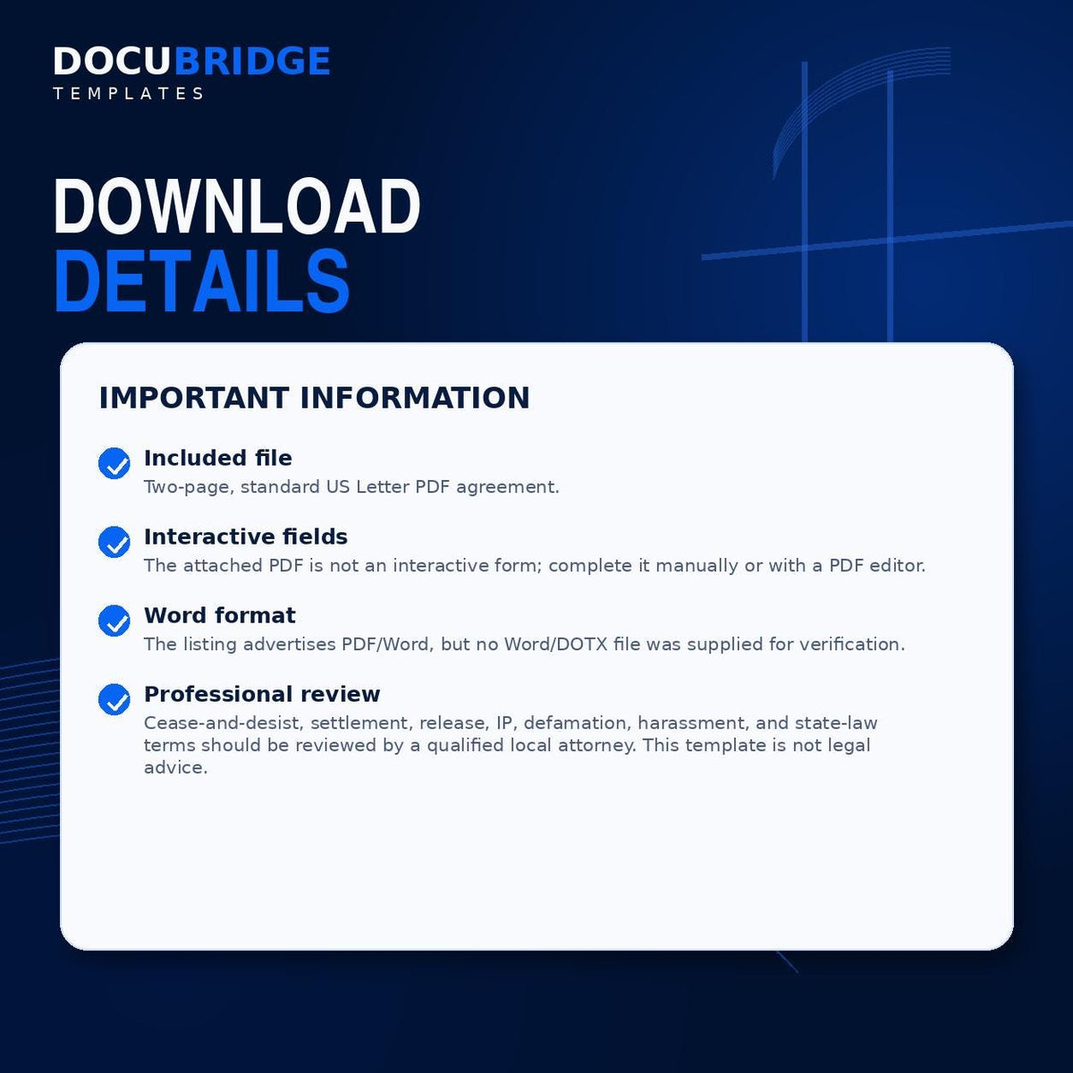 Cease and Desist Agreement Template – Copyright, Harassment, Defamation, Trademark & Unauthorized Use Settlement | PDF and Word