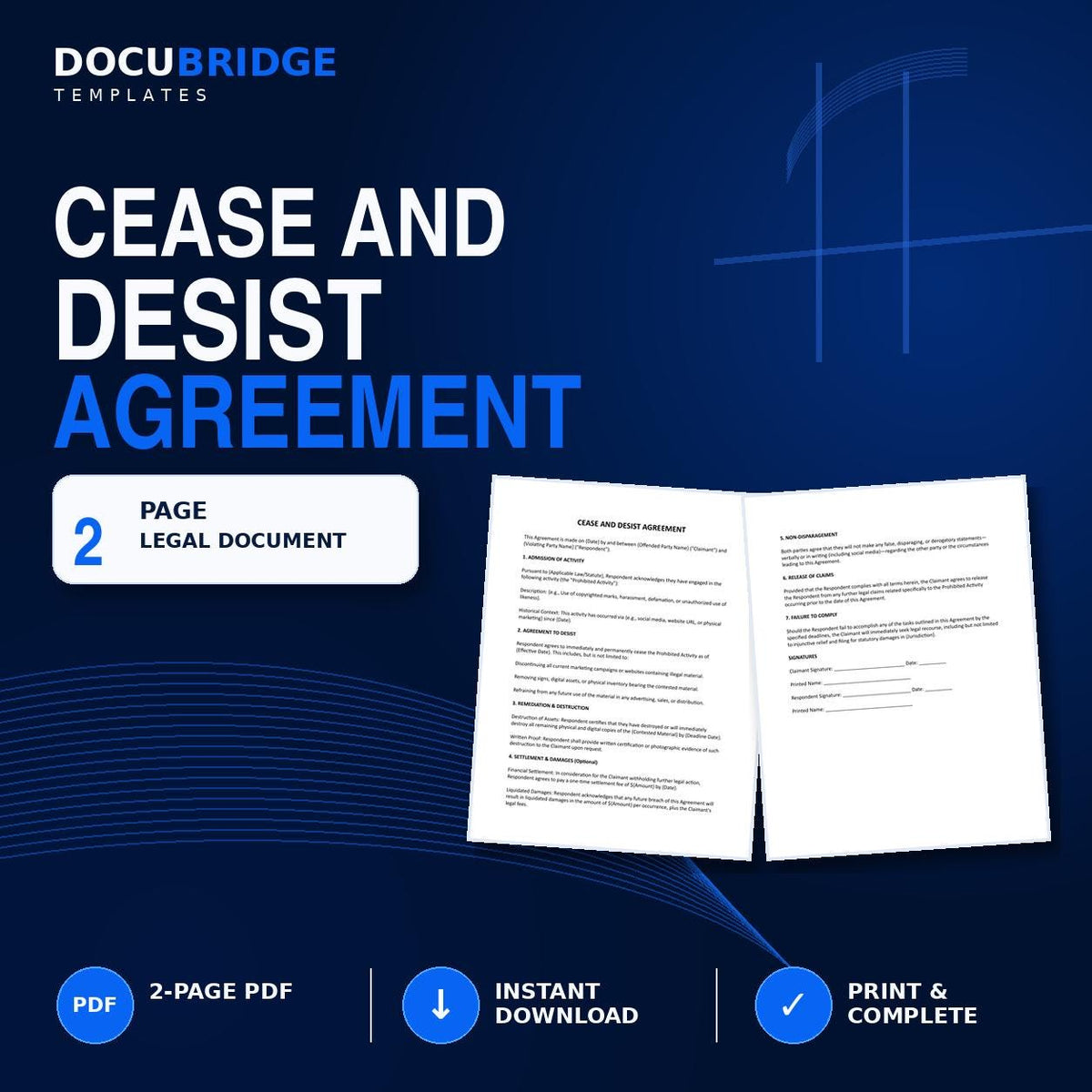 Cease and Desist Agreement Template – Copyright, Harassment, Defamation, Trademark & Unauthorized Use Settlement | PDF and Word