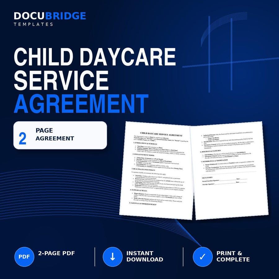 Child Daycare Service Agreement Template – Home Daycare Contract, Childcare Policies, Tuition, Parent Agreement | PDF and Word