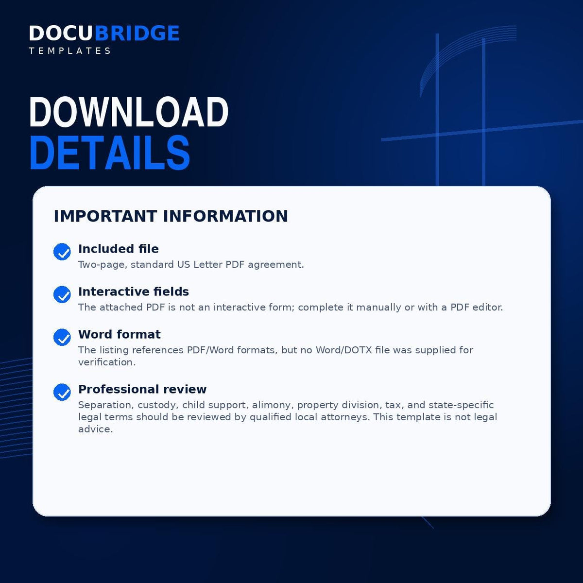 Marital Separation Agreement Template – Property Settlement, Child Custody, Support, Assets & Debt Division | PDF and Word