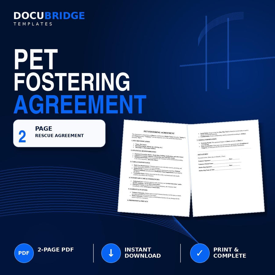 Pet Fostering Agreement Template | Animal Rescue Foster Contract | Shelter Volunteer Agreement | Pet Care, Veterinary, Liability Form