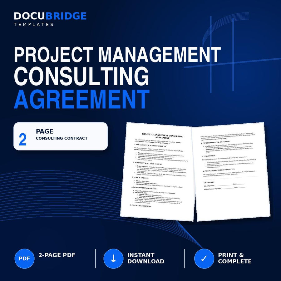 Project Management Consulting Agreement Template | Project Manager Contract | Scope of Work, Milestones & Change Order | PDF and Word