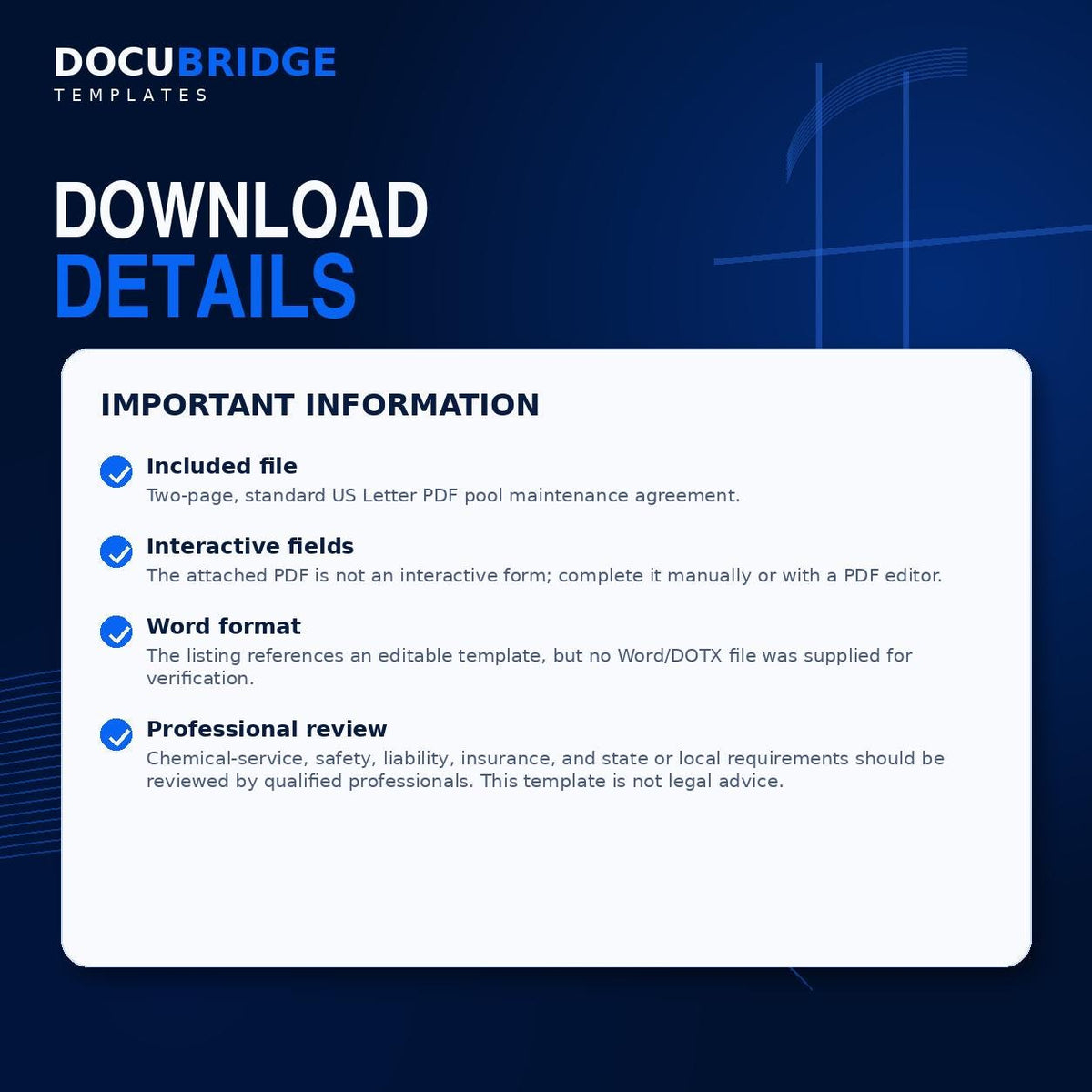 Swimming Pool Maintenance Agreement Template | Pool Service Contract | Cleaning, Chemicals, Repairs & Seasonal Service | PDF and Word