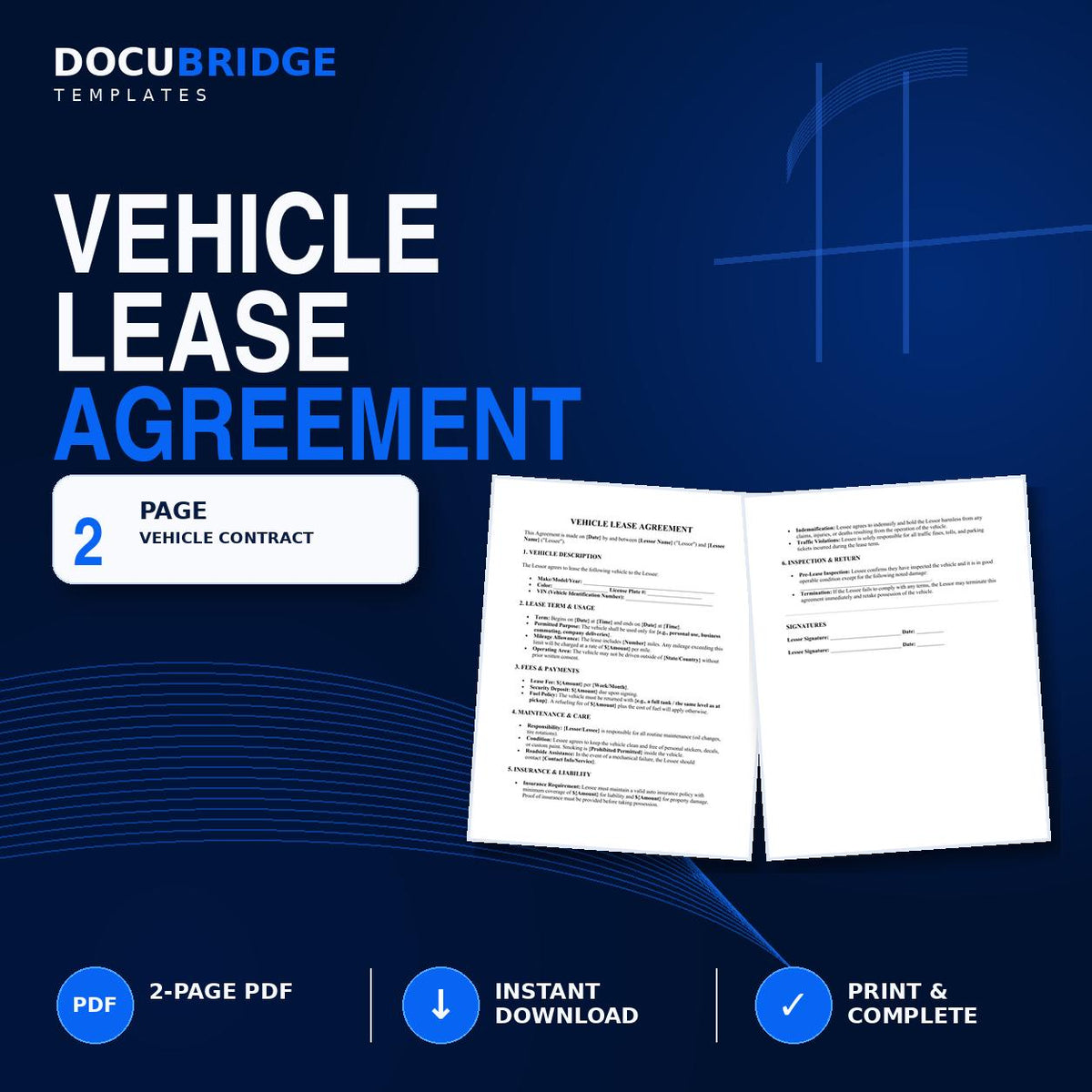 Vehicle Lease Agreement Template | Car Rental Contract | Auto Lease, Mileage, Insurance & Security Deposit Agreement | PDF and Word