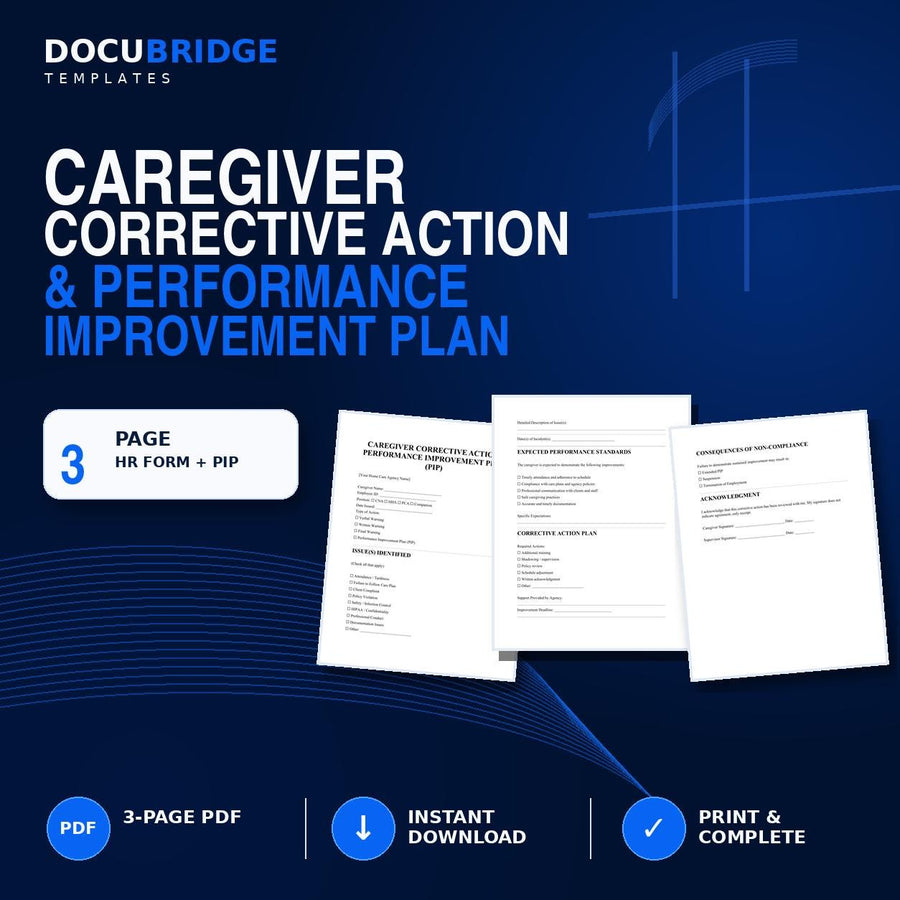 Caregiver Corrective Action Form & PIP Template | Home Care Employee Written Warning, Disciplinary Action, Performance Improvement Plan