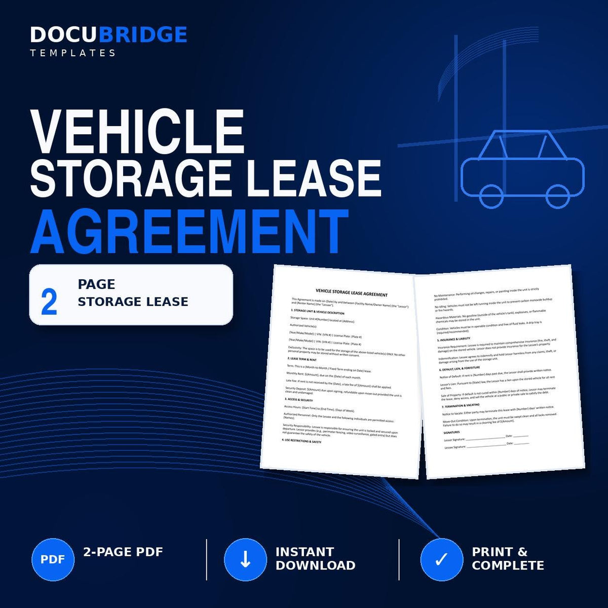 Vehicle Storage Lease Agreement | RV, Boat, Car Rental Contract (Digital Download)