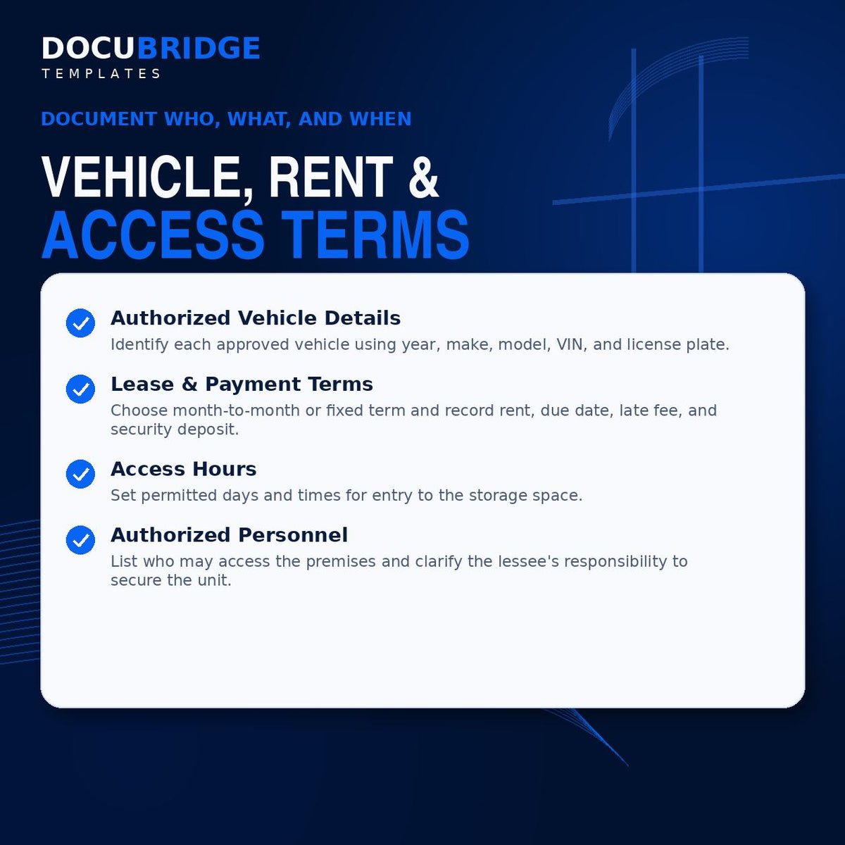 Vehicle Storage Lease Agreement | RV, Boat, Car Rental Contract (Digital Download)