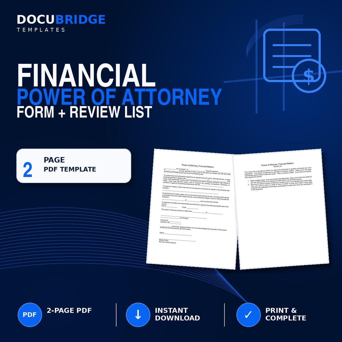 Financial Power of Attorney Form | Durable POA for Banking, Property & IRS Matters | PDF | Word