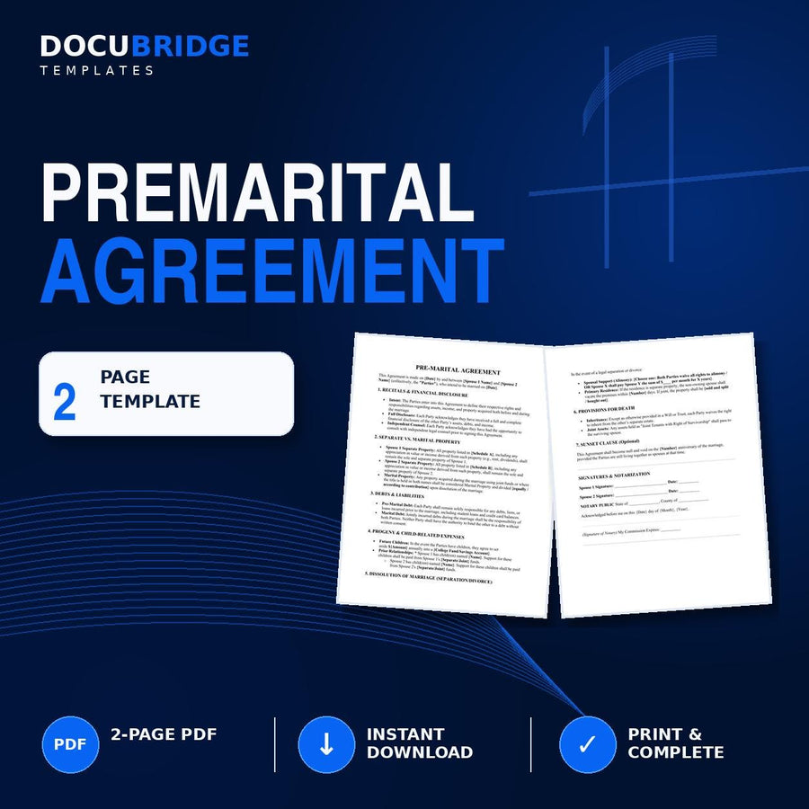 Premarital Agreement Template | Professional Prenuptial Agreement | Prenup Contract for Couples | Marriage Property & Asset Protection |