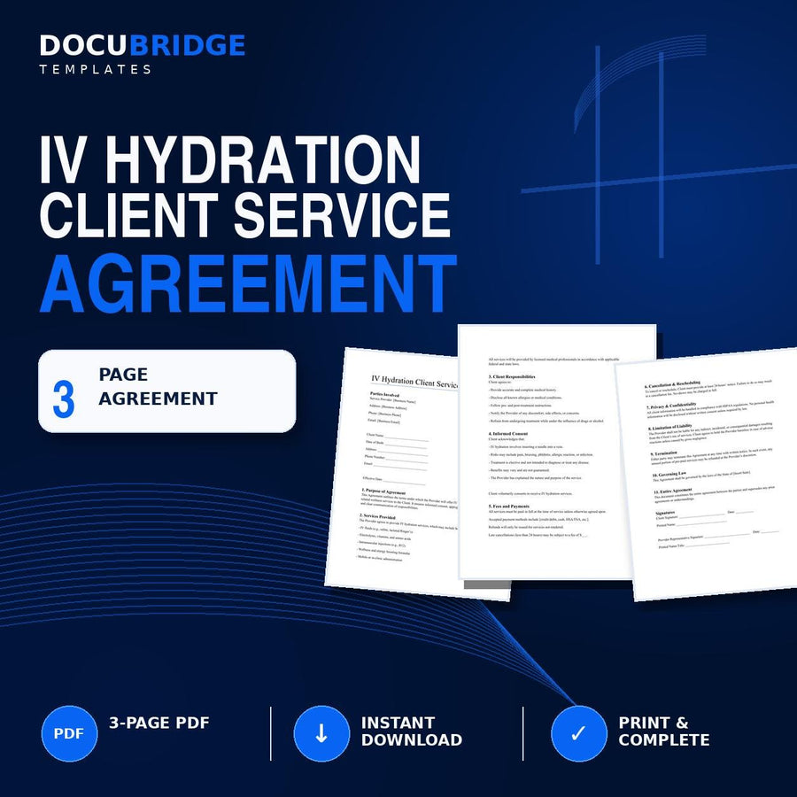 IV Hydration Client Service Agreement – IV Therapy Consent & Service Contract for Med Spa and Mobile IV Clinics
