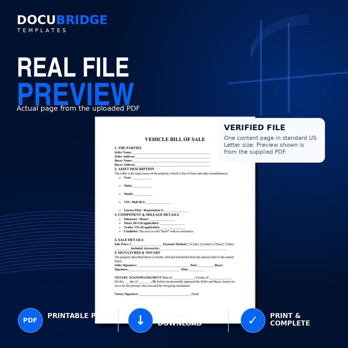 Vehicle Bill of Sale Template – Car, Truck & SUV Sale Agreement with Odometer, VIN , Notary | PDF