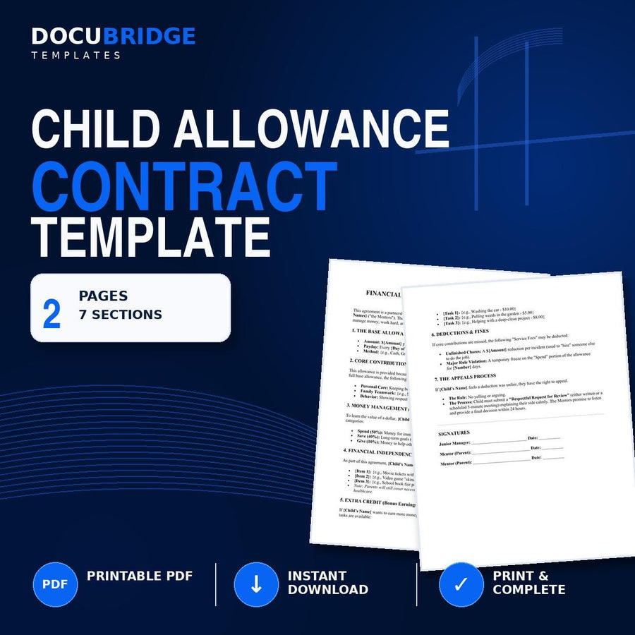 Kids Allowance Contract Template – Chore Chart, Money Management & Financial Responsibility Agreement for Children | PDF