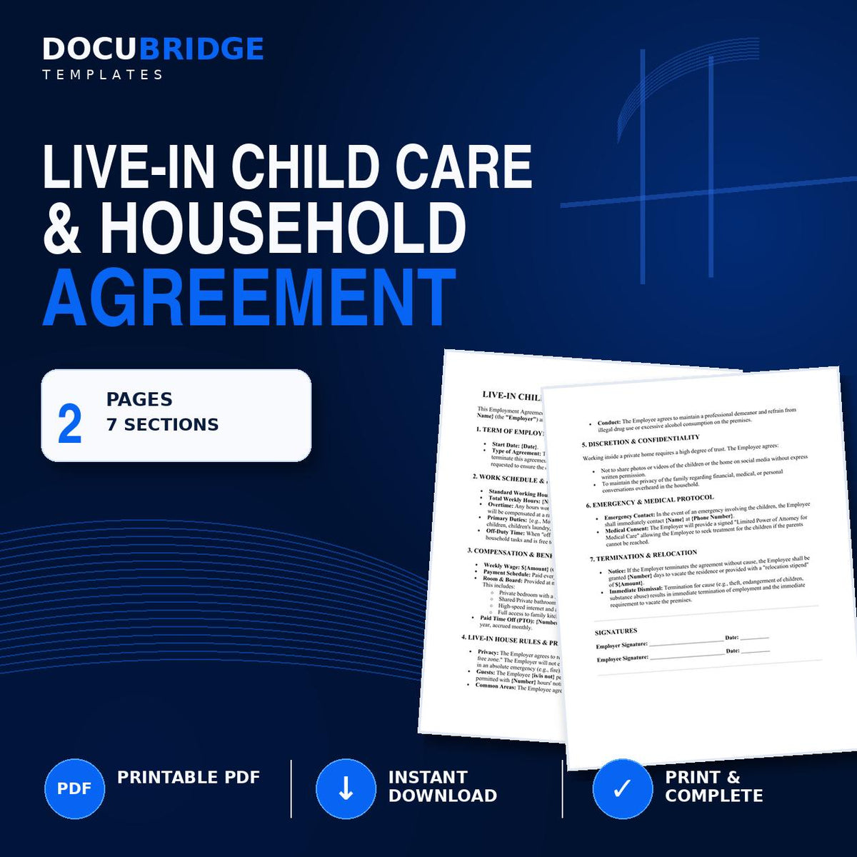 Live-In Nanny Agreement Template – Child Care Employment Contract, Household Rules, Pay & Room and Board | PDF and Word