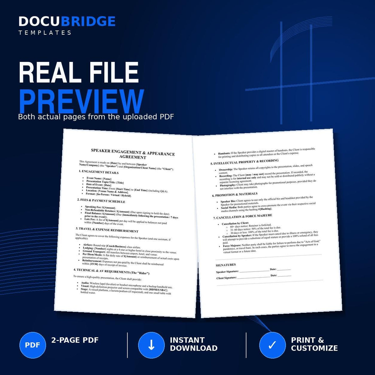 Speaker Engagement Agreement Template – Keynote Speaker Contract, Appearance Fee, Travel & Event Rider | PDF and Word